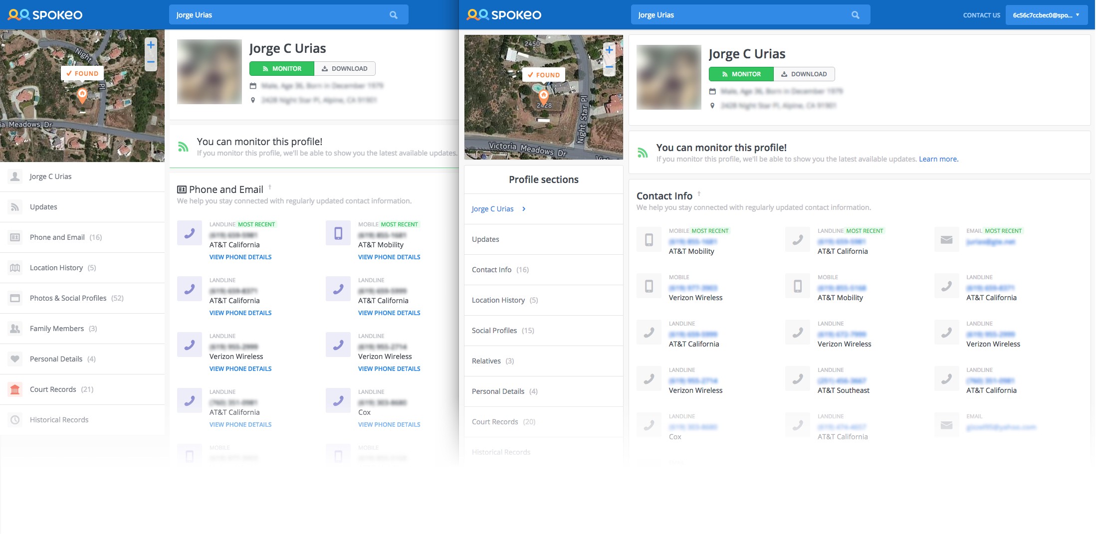 Left: nav icons, purple blocks, repetitive CTAs, green section border; Right: none of that